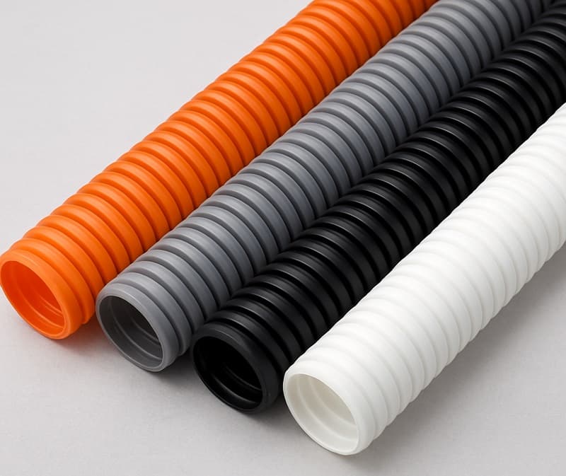 Orange, grey, black and white corrugated pipes