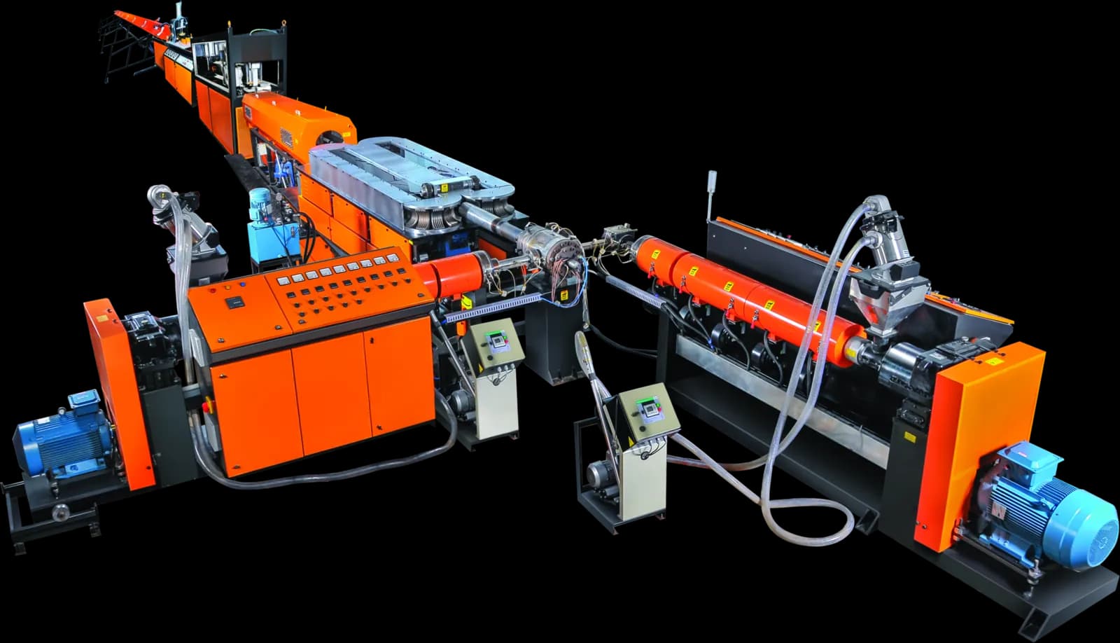 Double wall vacuum corrugator pipe line with extruders, corrugator and puller