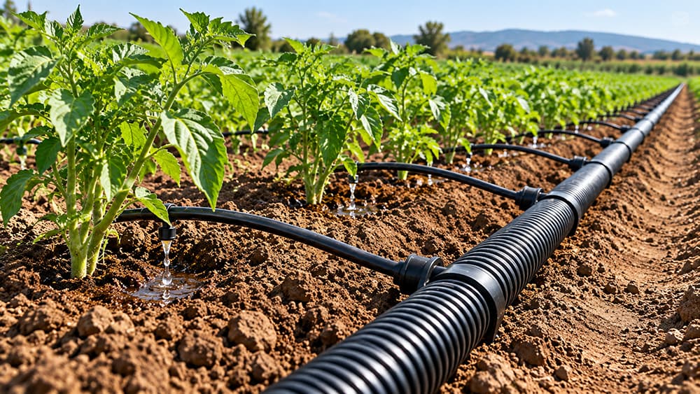 Black corrugated drip-irrigation pipe along a crop row