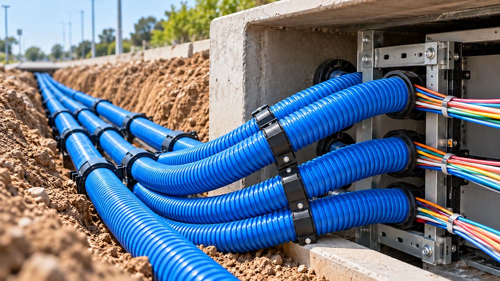 Blue corrugated conduits carrying telecom cables into a cabinet