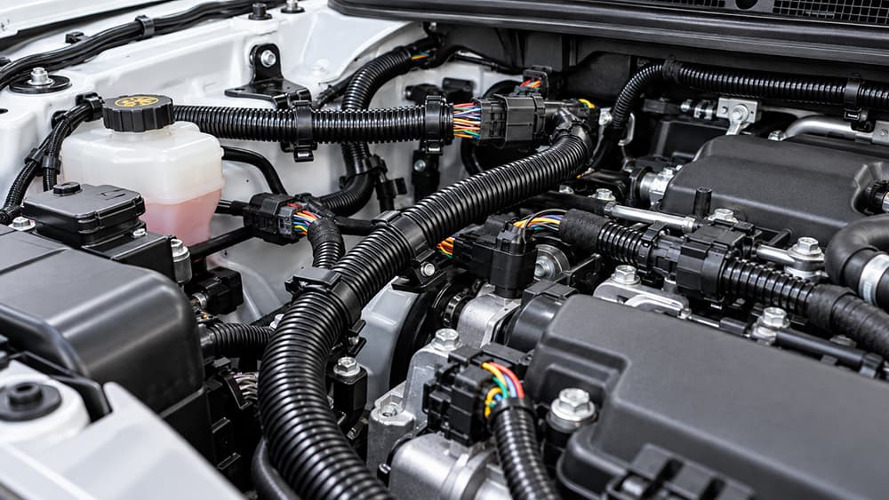 Corrugated sleeve protecting wiring in a car engine bay