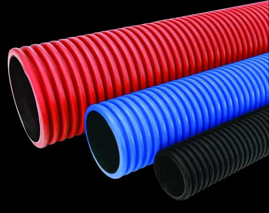 Red, blue and black double wall corrugated pipes
