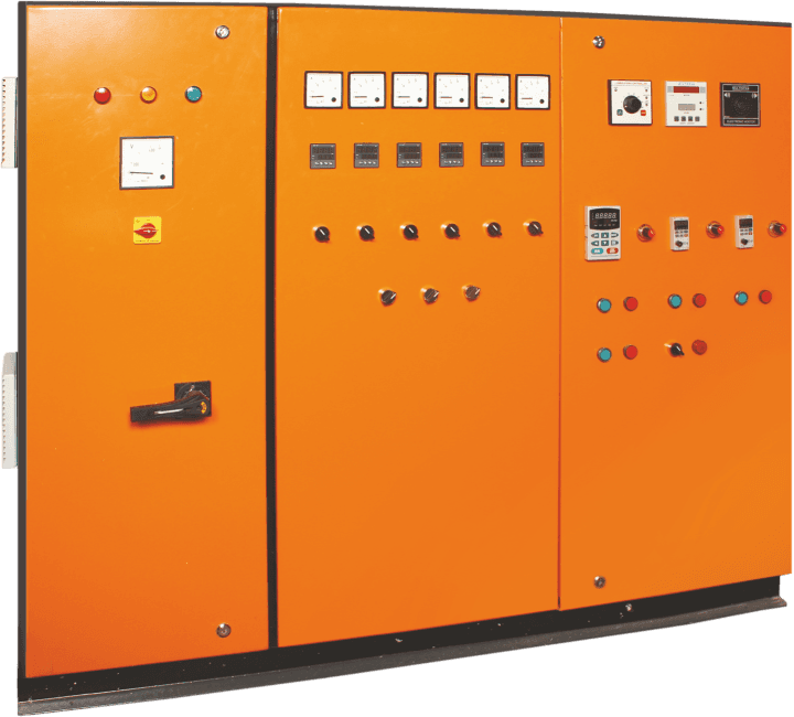 Orange Volcano control panel with drives and temperature controllers